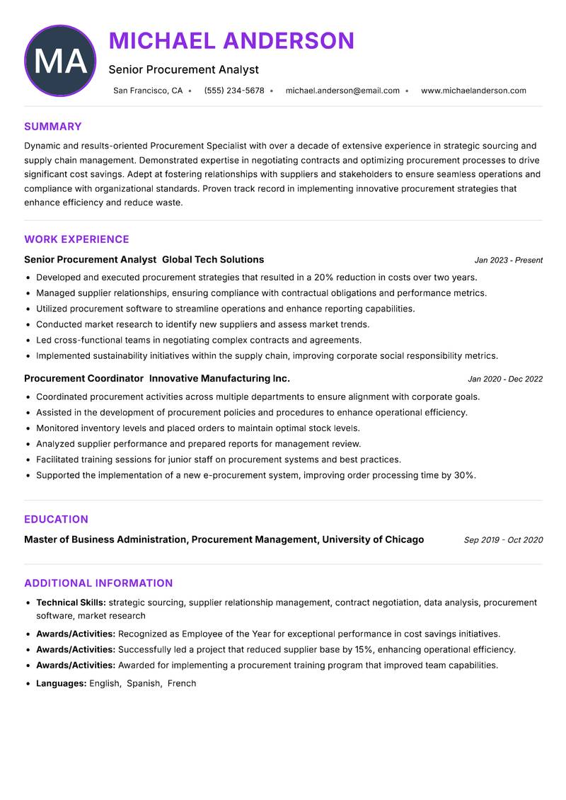 Procurement Specialist Resume Preview Example