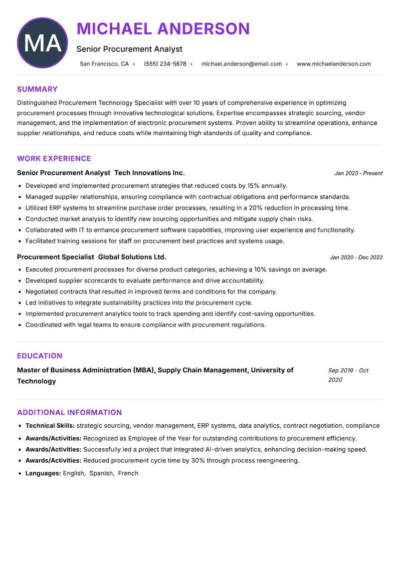 Procurement Technology Specialist Resume Preview Example