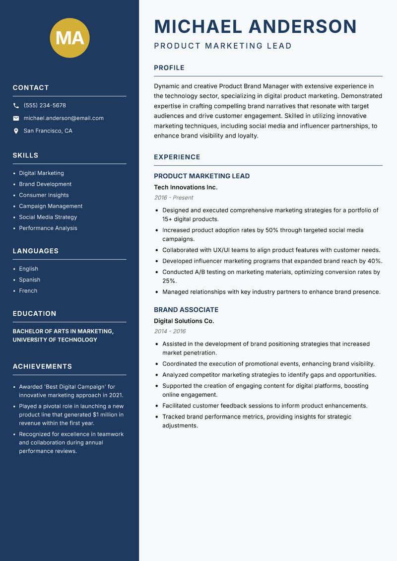 Product Brand Manager Resume Preview Example