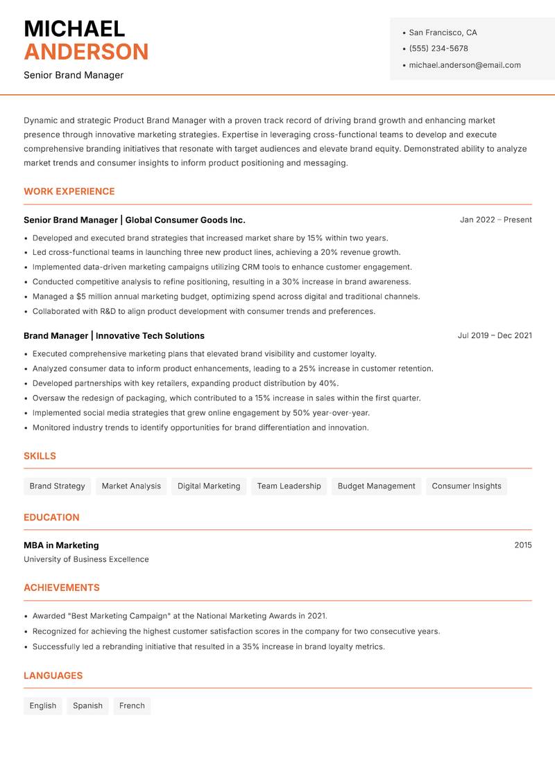 Product Brand Manager Resume Template