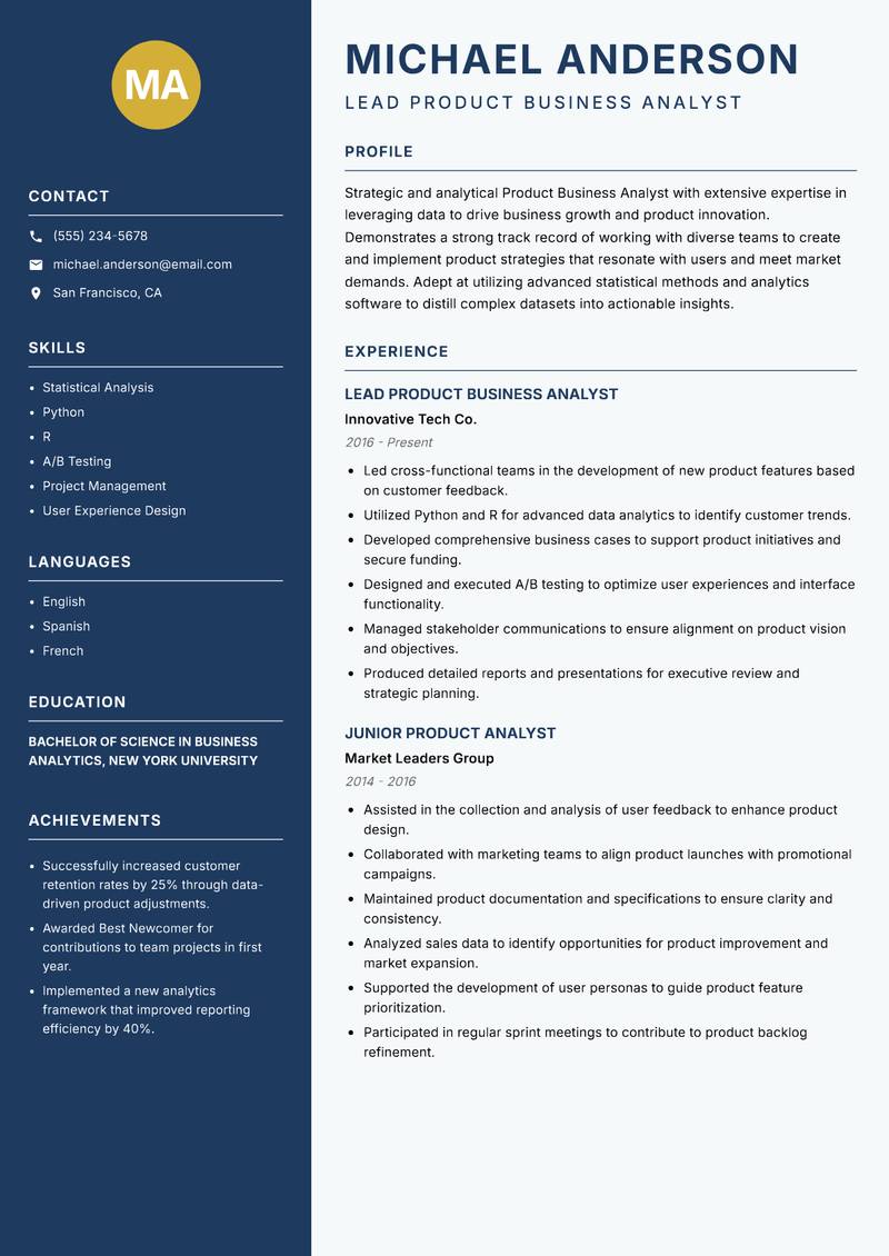 Product Business Analyst Resume Preview Example