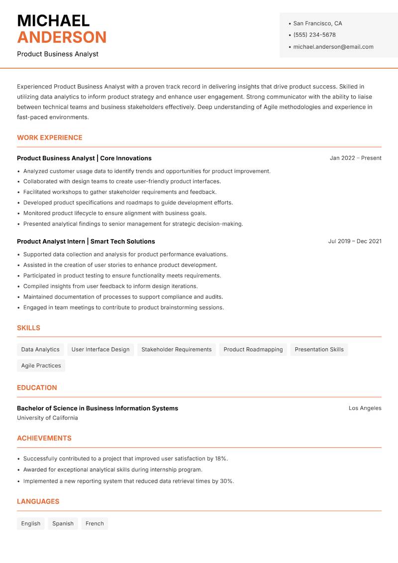 Product Business Analyst Resume Template