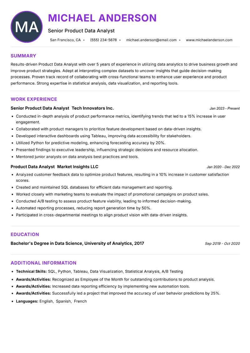 Product Data Analyst Resume Preview Example