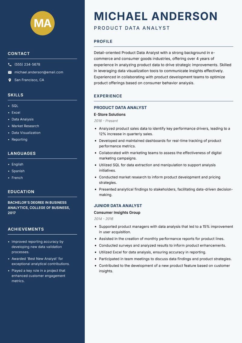Product Data Analyst Resume Preview Example