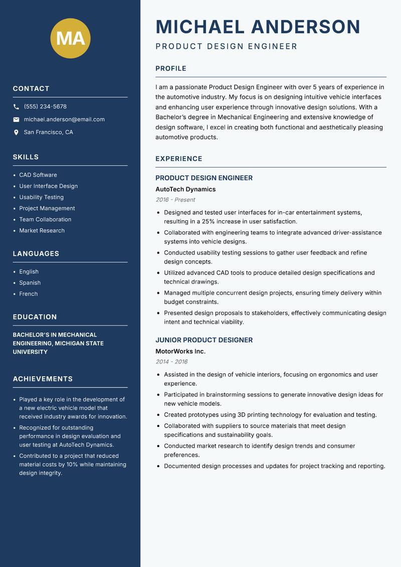 Product Design Engineer Resume Preview Example