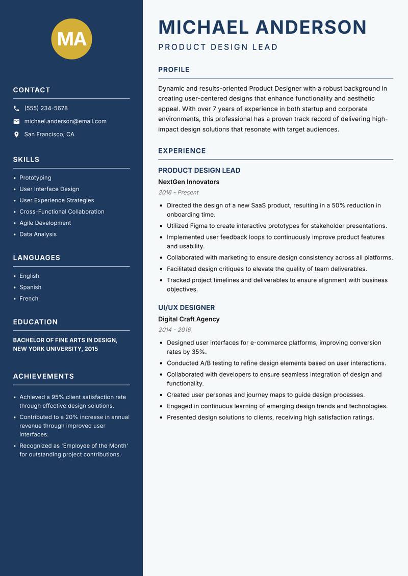 Product Designer Resume Preview Example