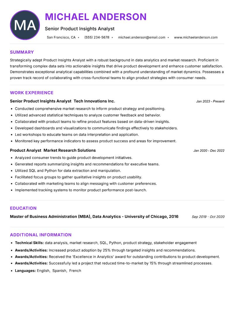 Product Insights Analyst Resume Preview Example