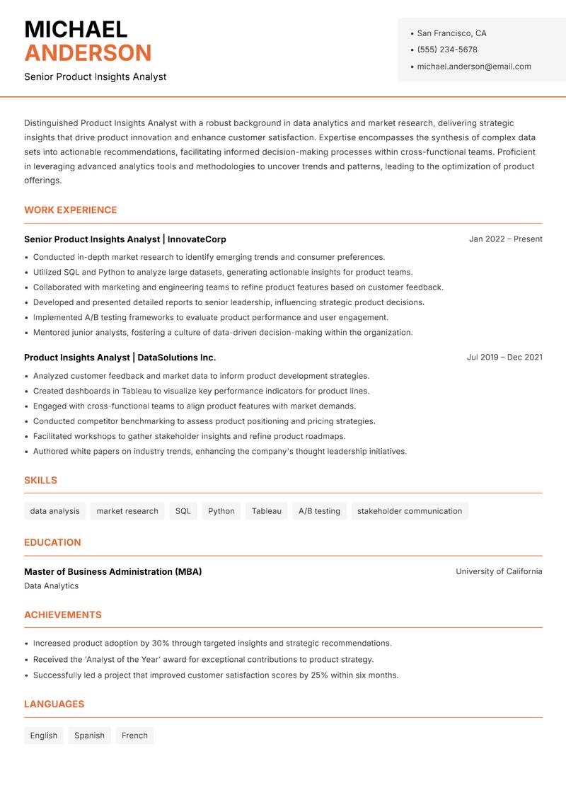 Product Insights Analyst Resume Template