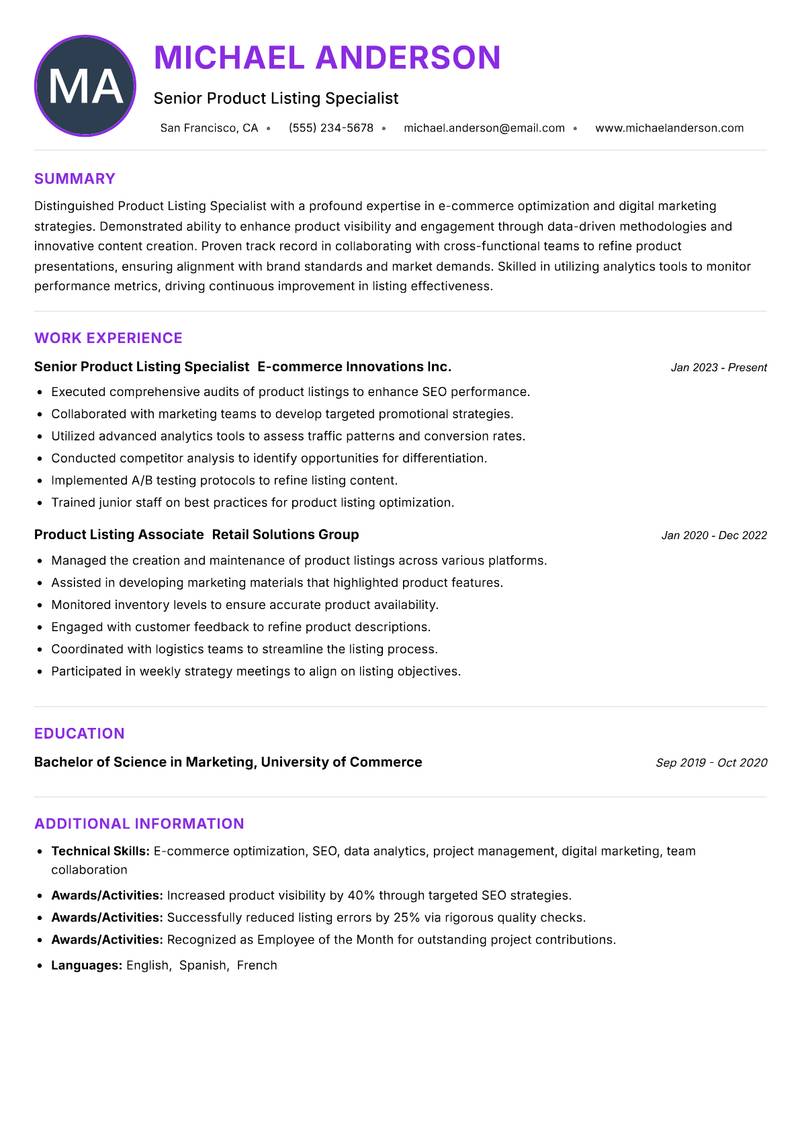 Product Listing Specialist Resume Preview Example