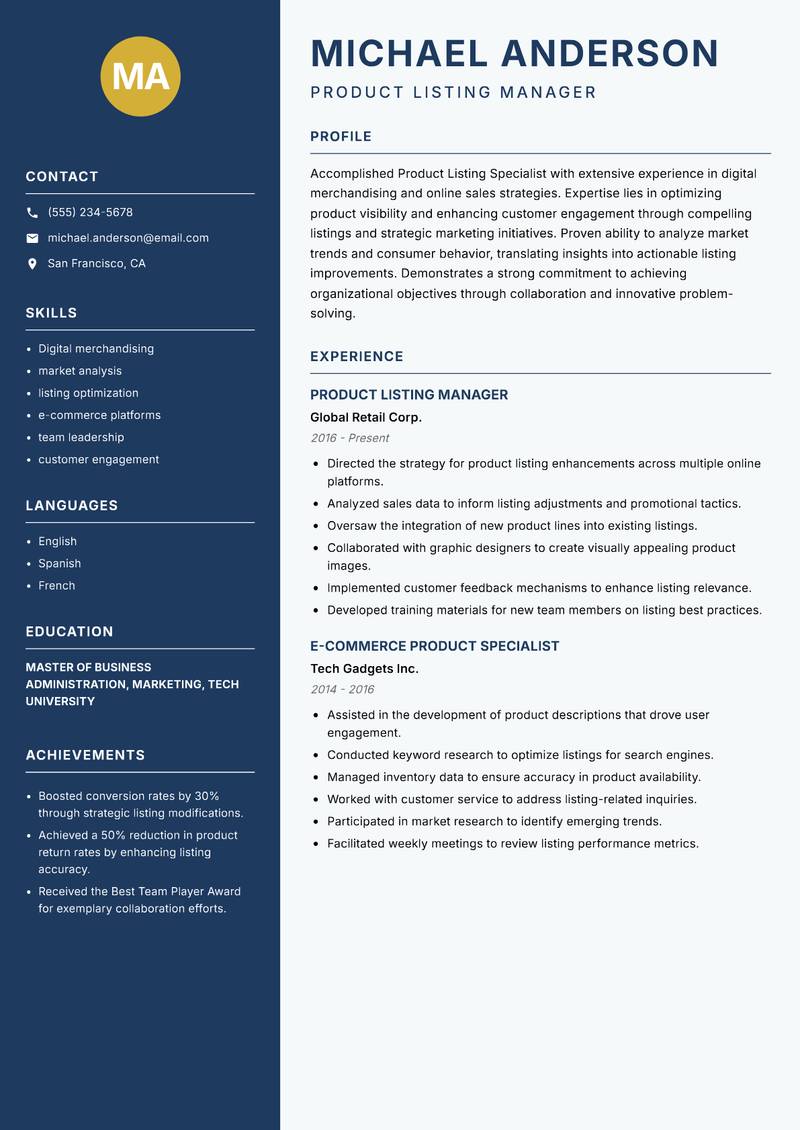 Product Listing Specialist Resume Preview Example