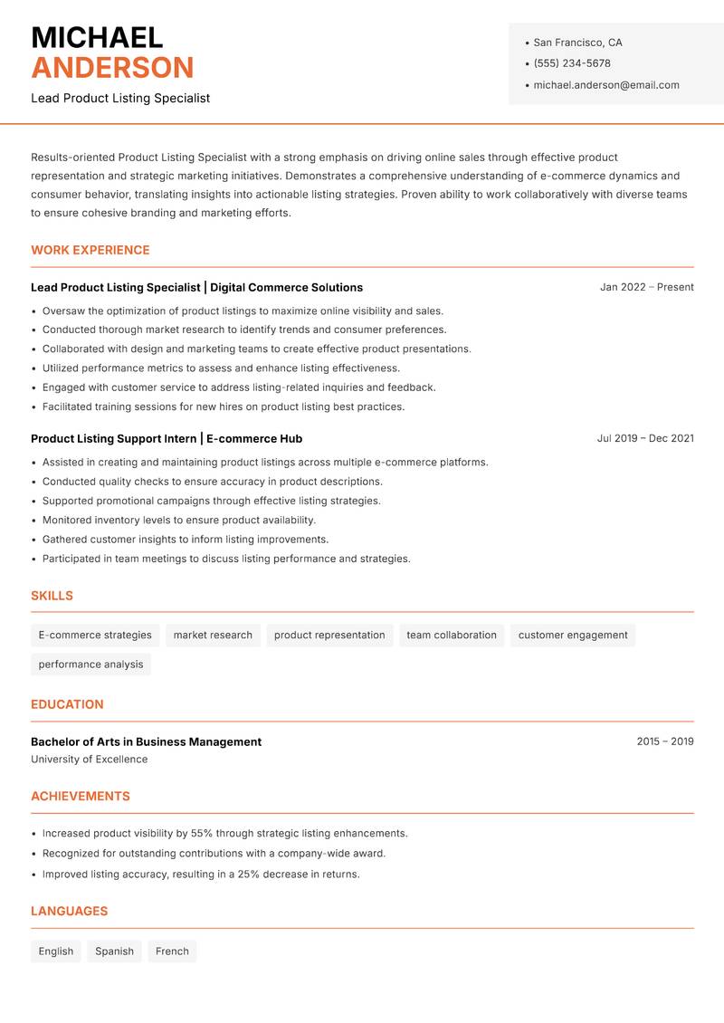 Product Listing Specialist Resume Template
