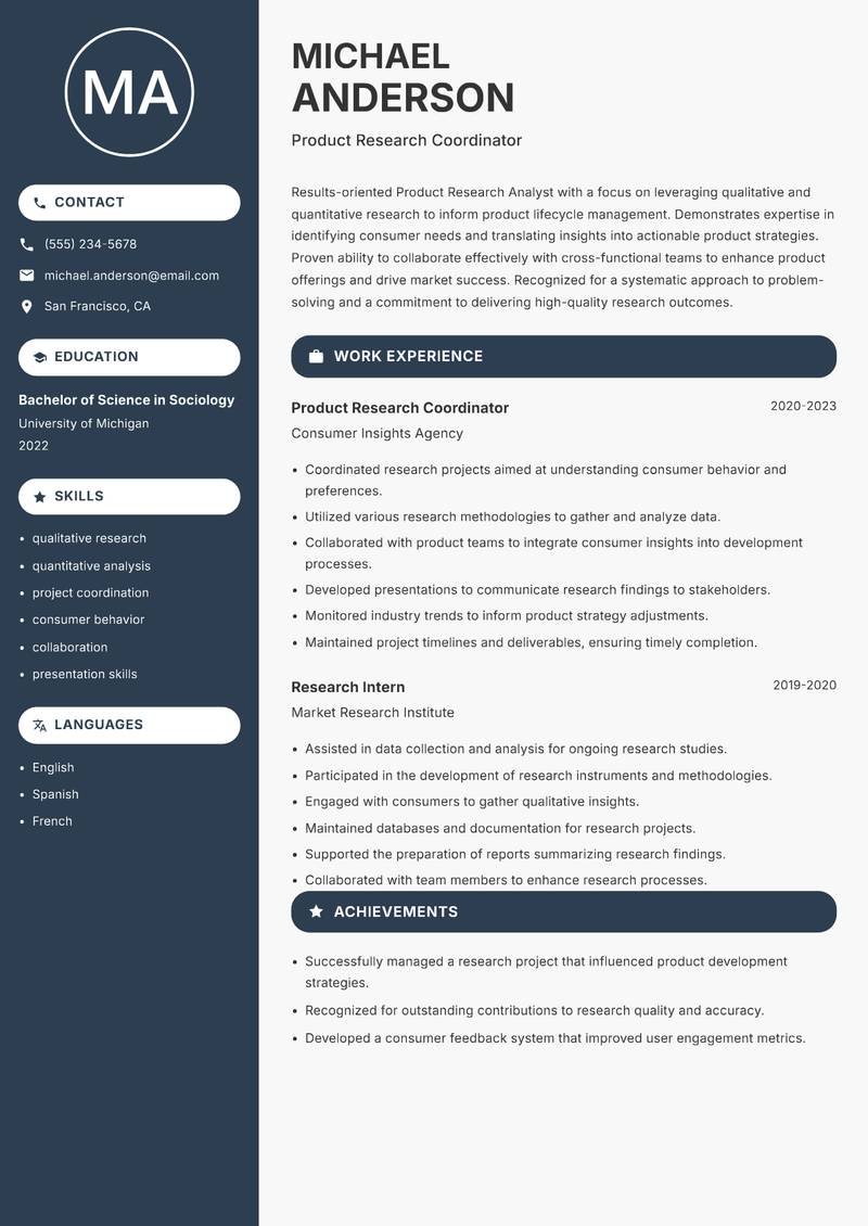 Product Research Analyst Resume Preview Example