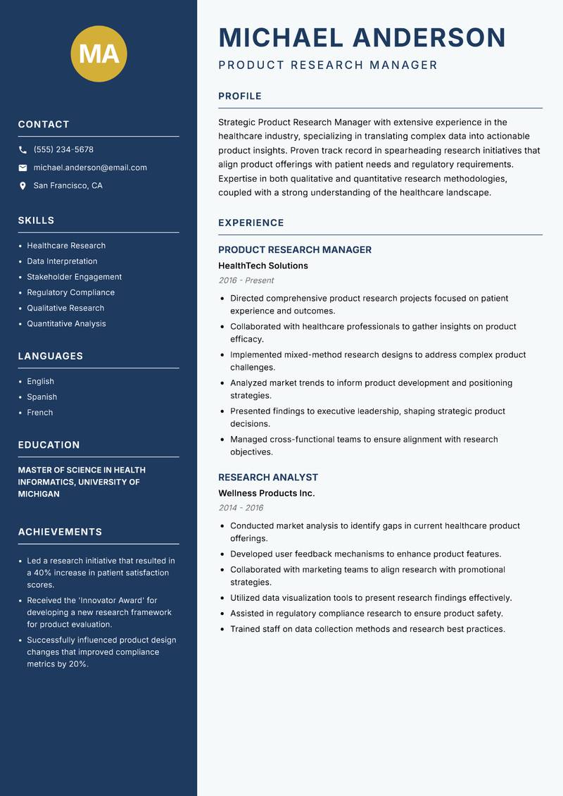 Product Research Manager Resume Preview Example