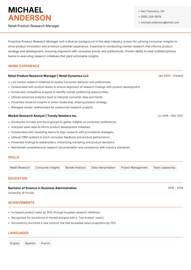 Product Research Manager Resume Template