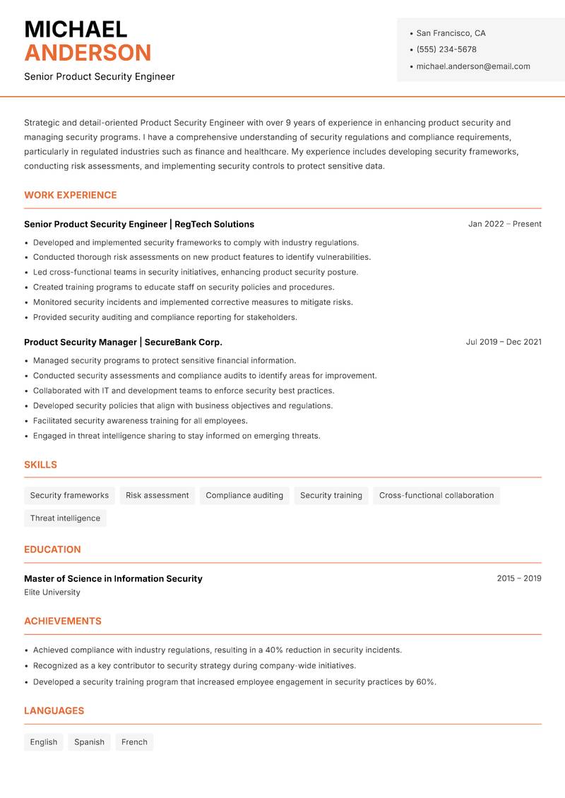 Product Security Engineer Resume Template