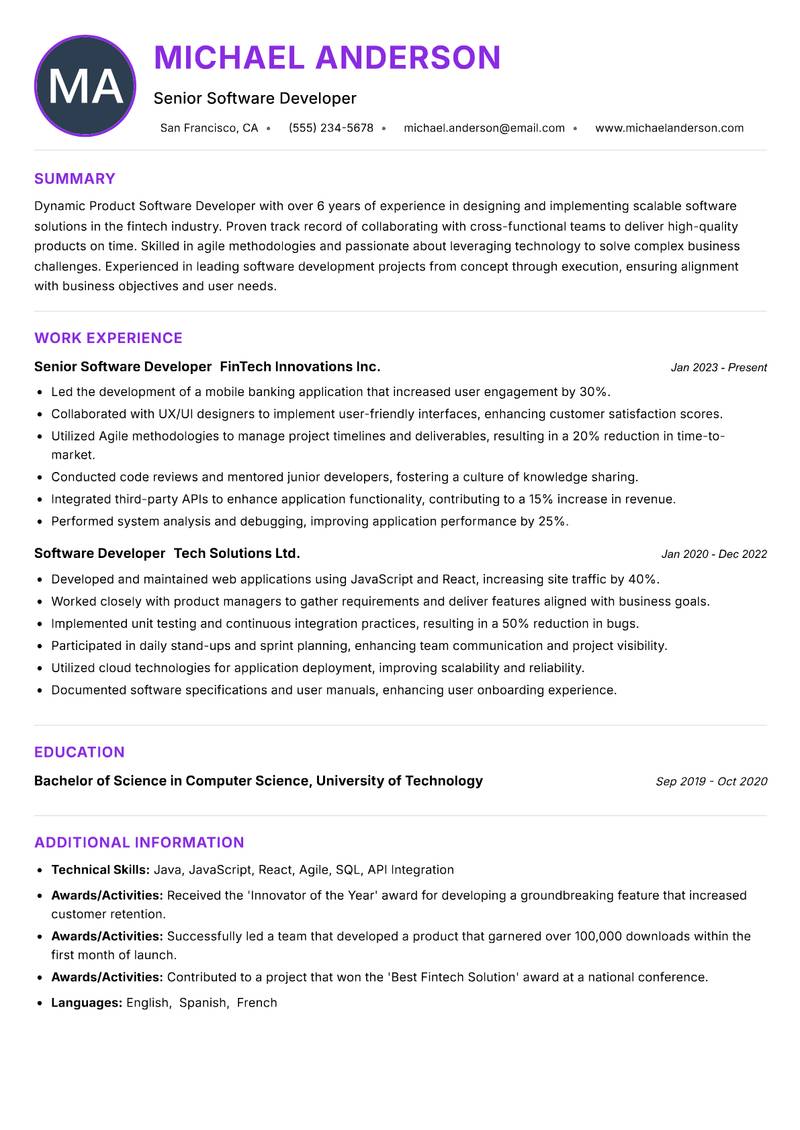 Product Software Developer Resume Preview Example