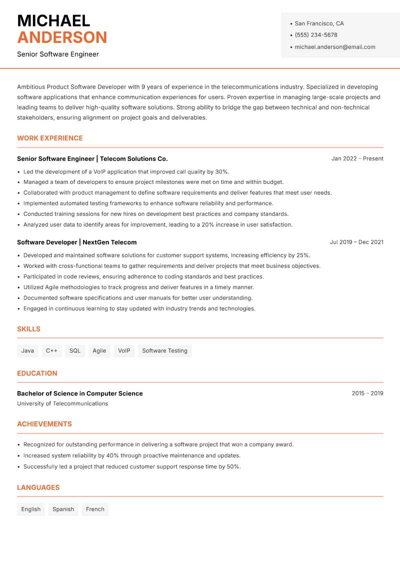 Product Software Developer Resume Template