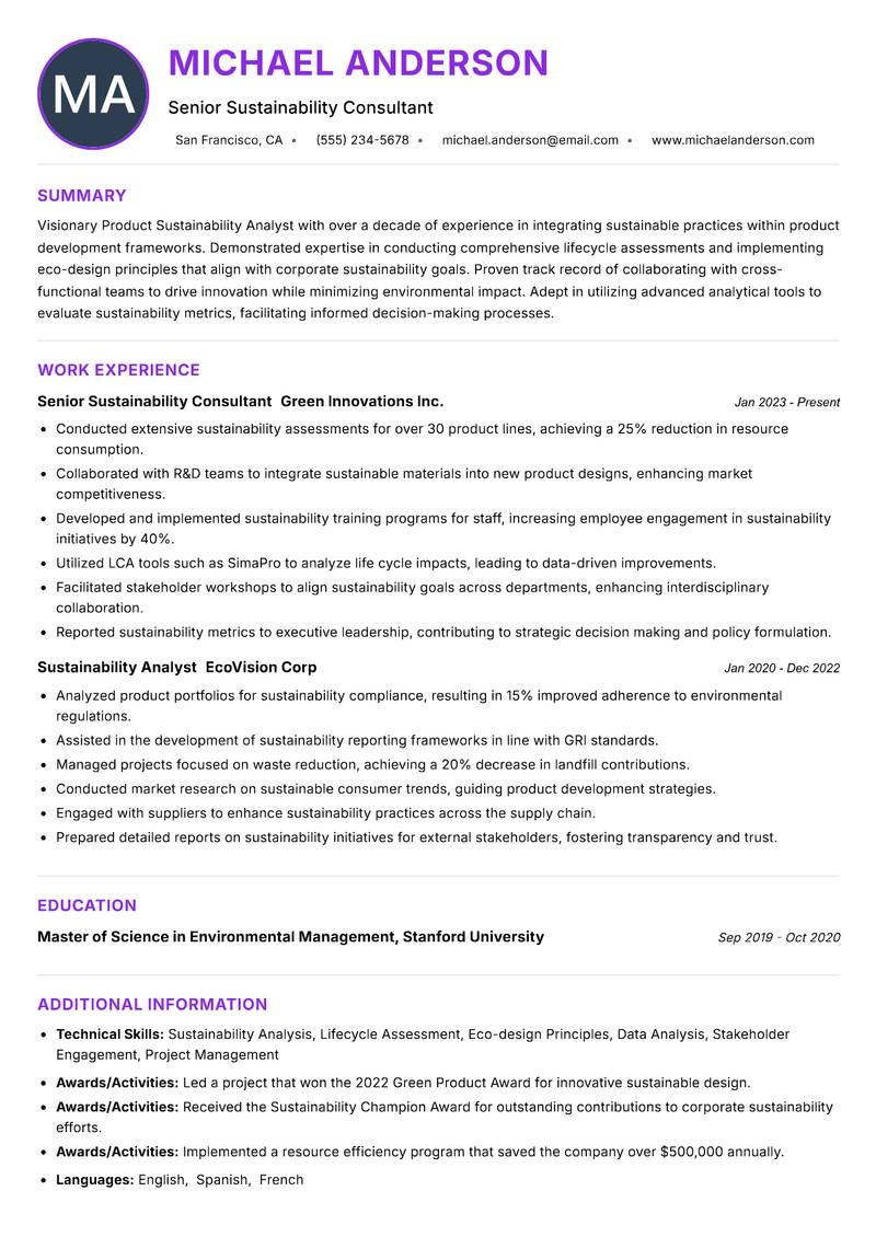 Product Sustainability Analyst Resume Preview Example