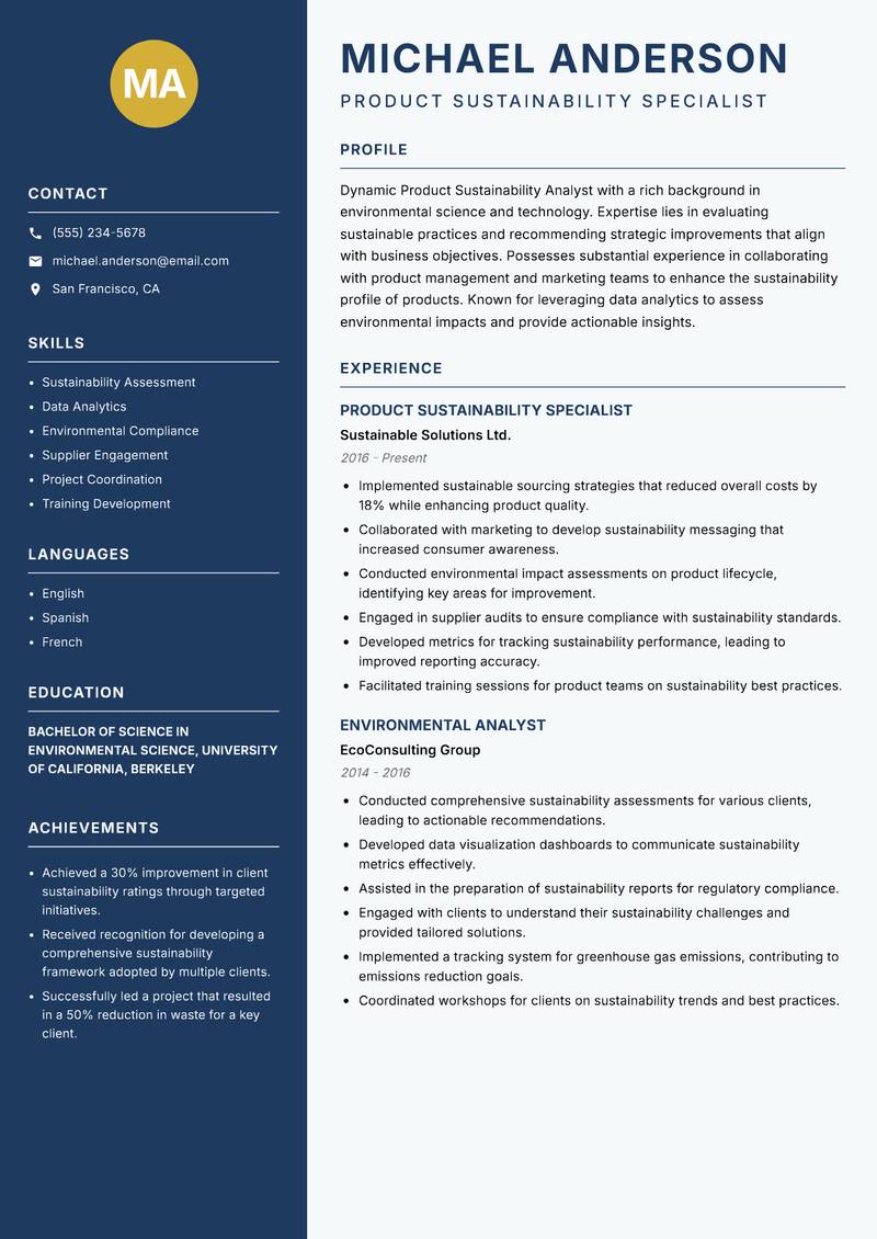 Product Sustainability Analyst Resume Preview Example