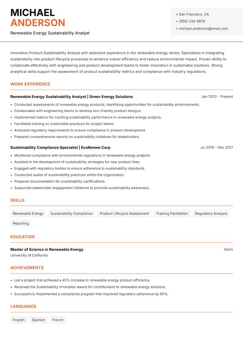 Product Sustainability Analyst Resume Template
