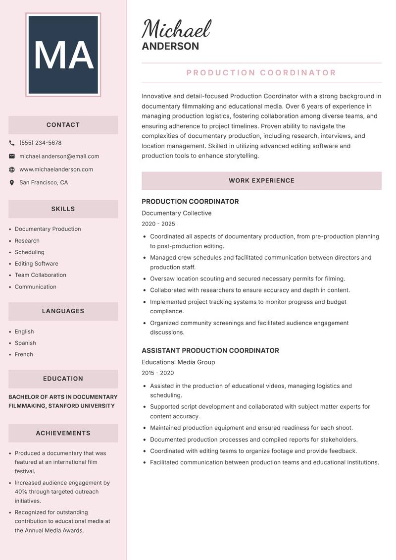 Production Coordinator Resume Preview Example