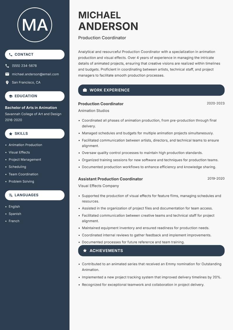 Production Coordinator Resume Preview Example