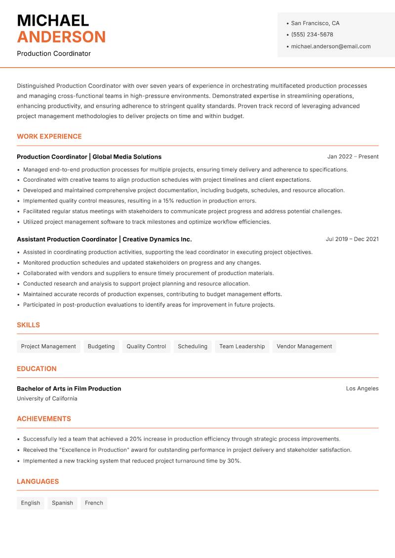 Production Coordinator Resume Template