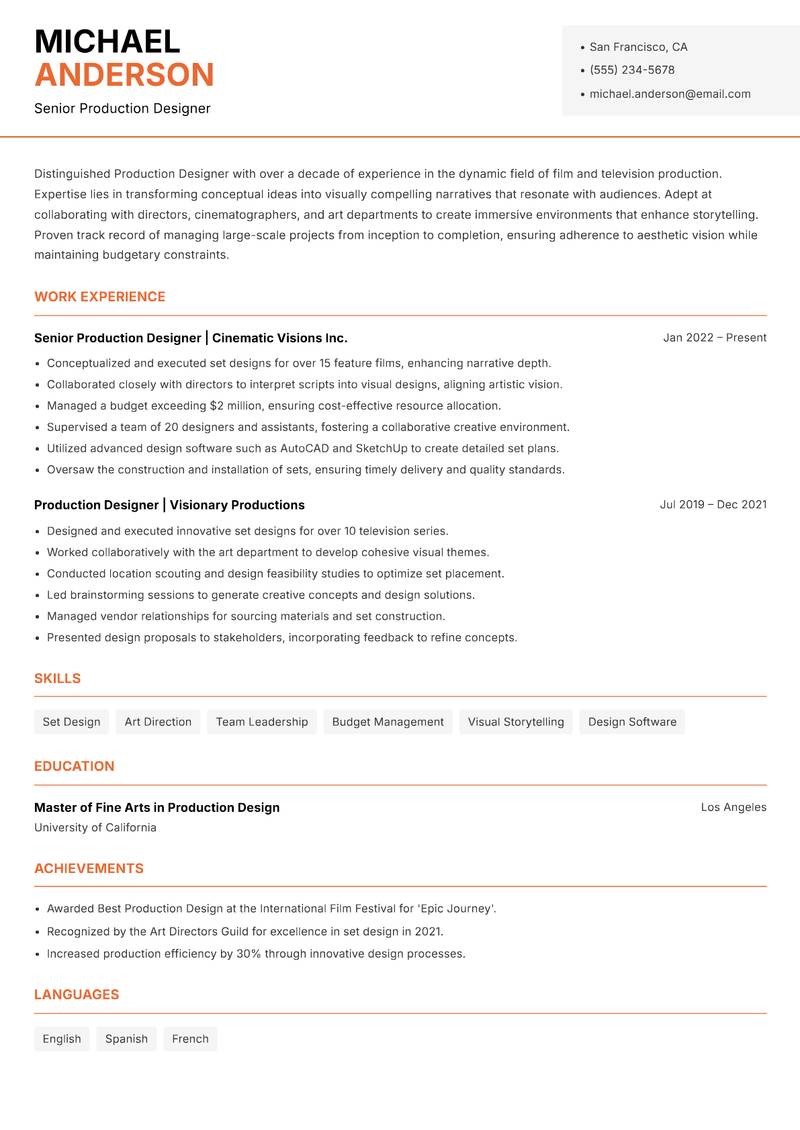 Production Designer Resume Template