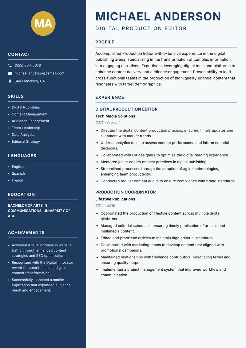 Production Editor Resume Preview Example