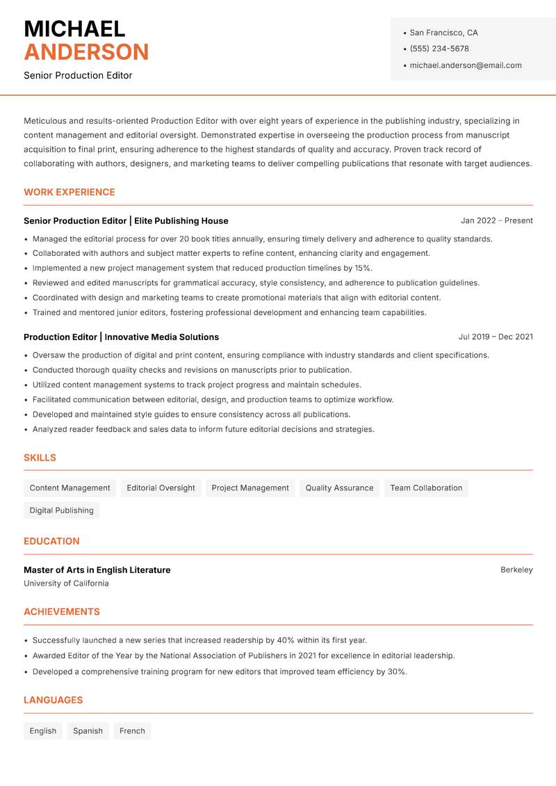 Production Editor Resume Template