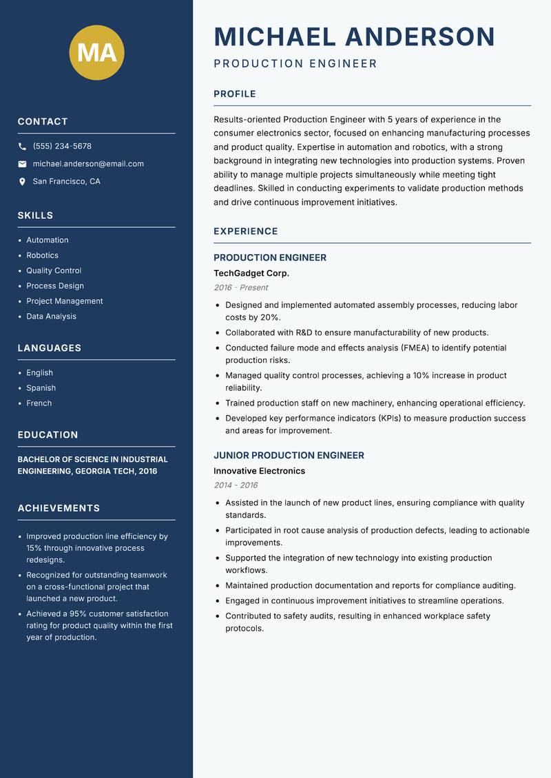 Production Engineer Resume Preview Example