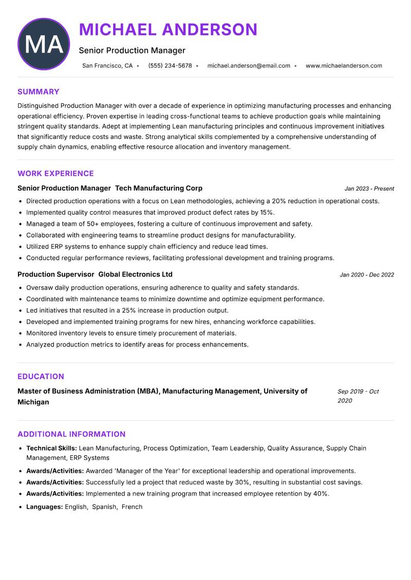Production Manager Resume Preview Example