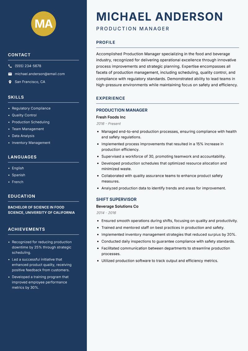 Production Manager Resume Preview Example