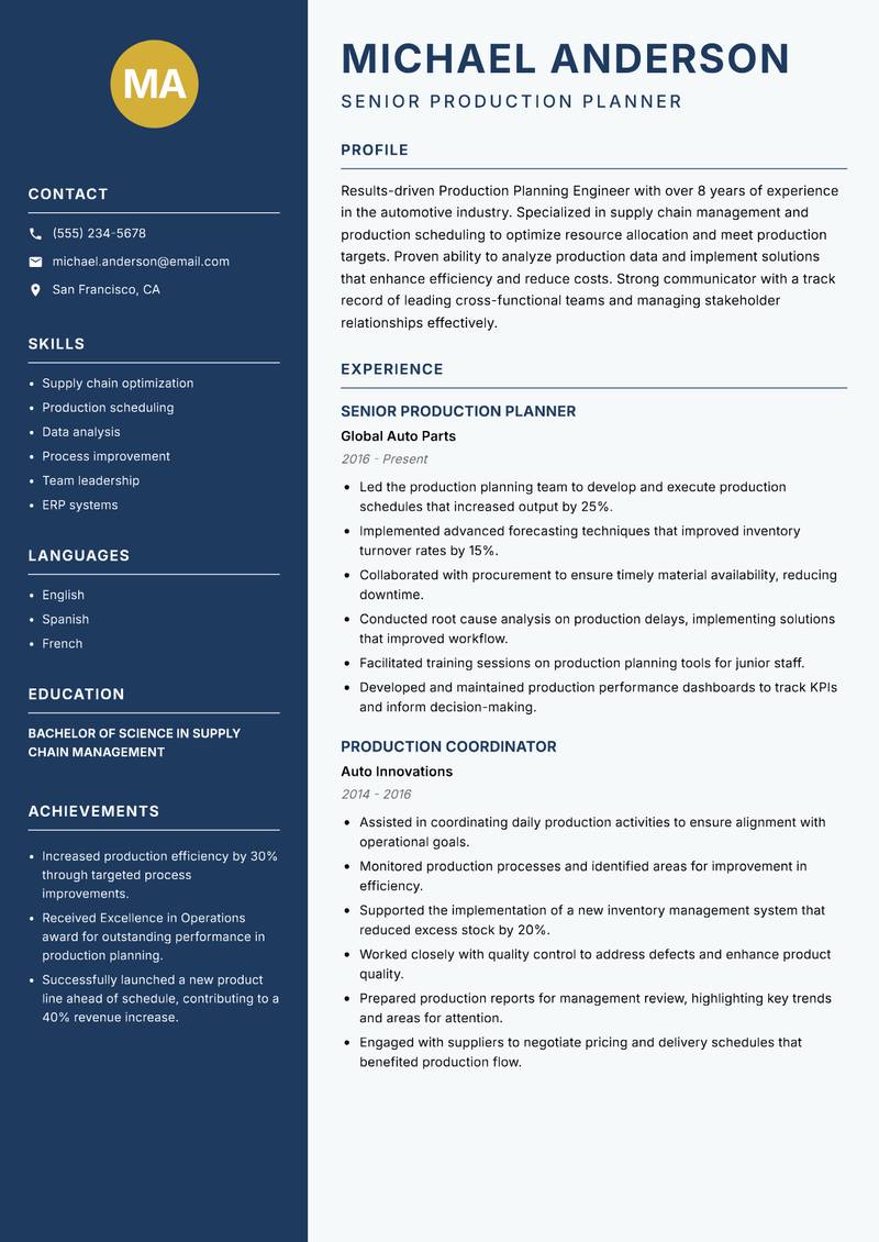 Production Planning Engineer Resume Preview Example