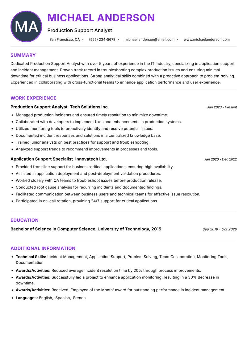 Production Support Analyst Resume Preview Example
