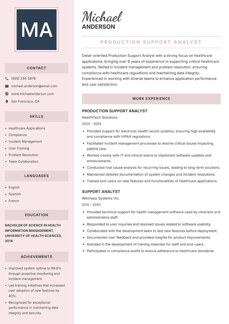 Production Support Analyst Resume Preview Example