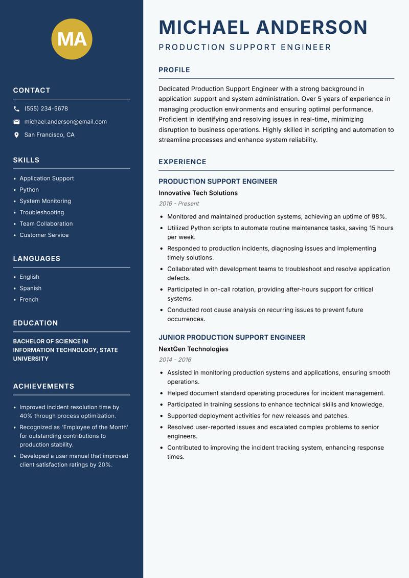 Production Support Engineer Resume Preview Example