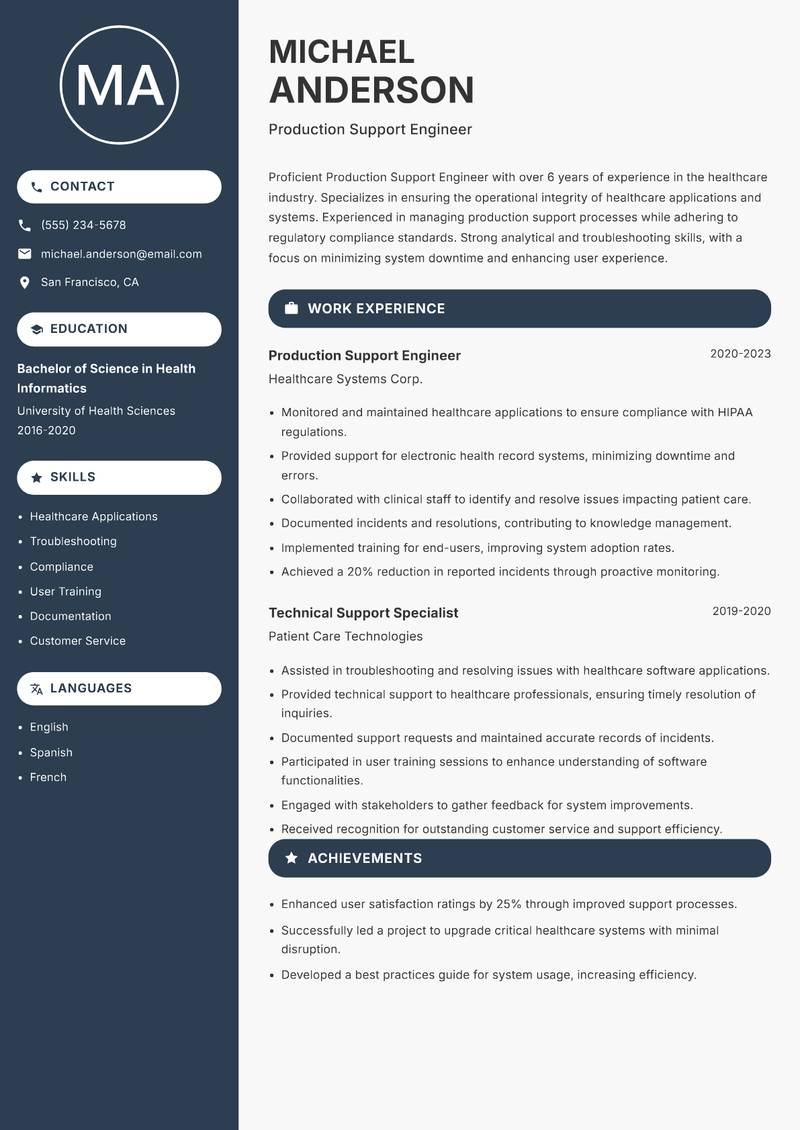 Production Support Engineer Resume Preview Example