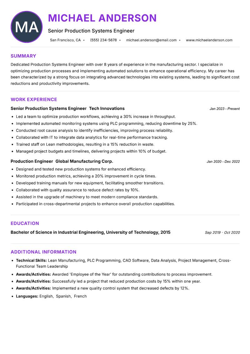 Production Systems Engineer Resume Preview Example
