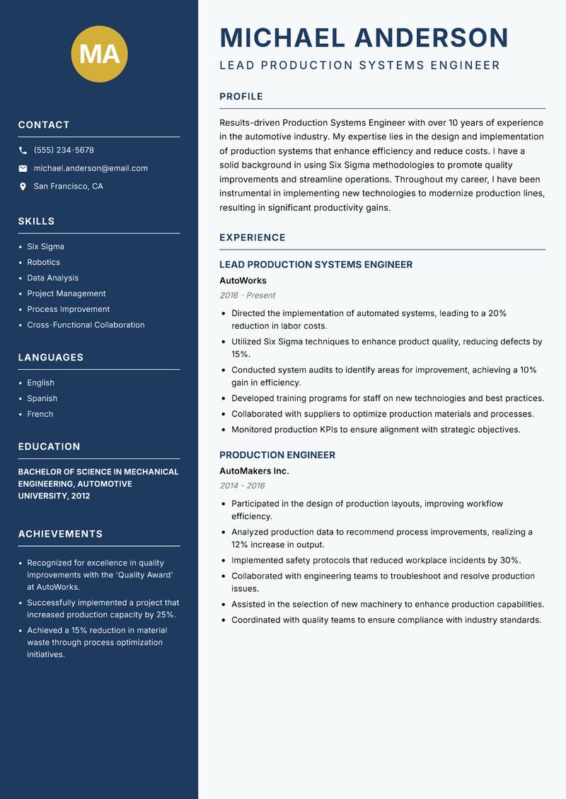 Production Systems Engineer Resume Preview Example