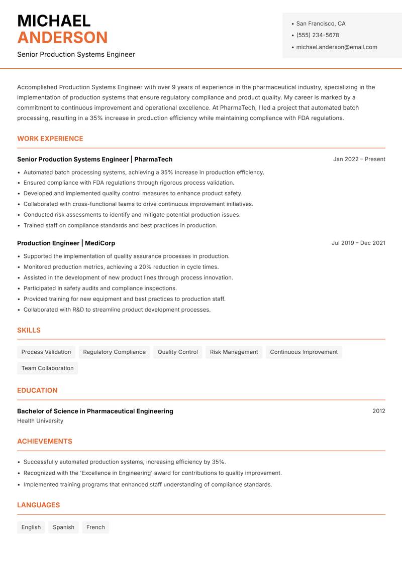 Production Systems Engineer Resume Template