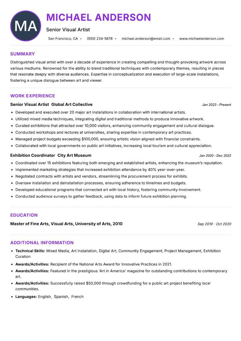 Professional Artist Resume Preview Example