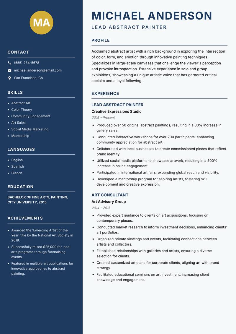 Professional Artist Resume Preview Example