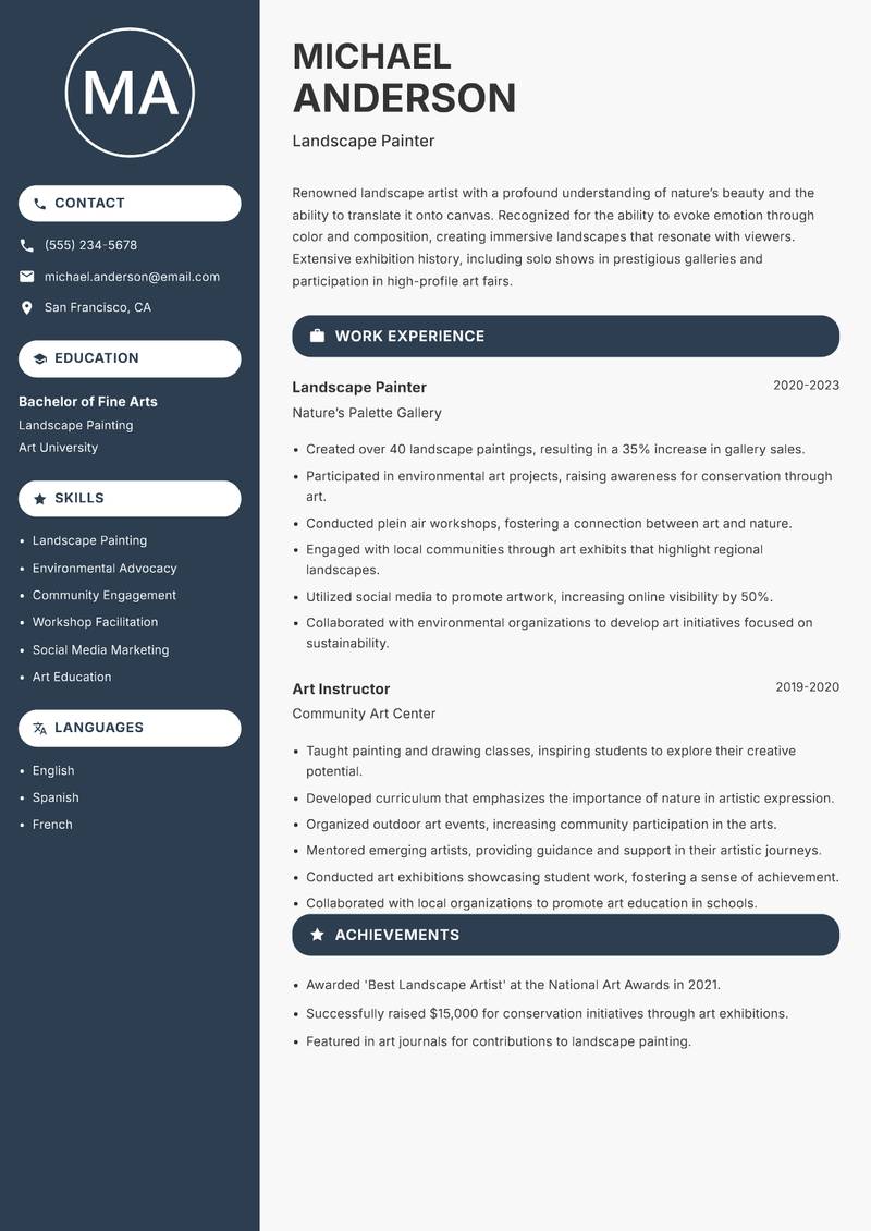 Professional Artist Resume Preview Example