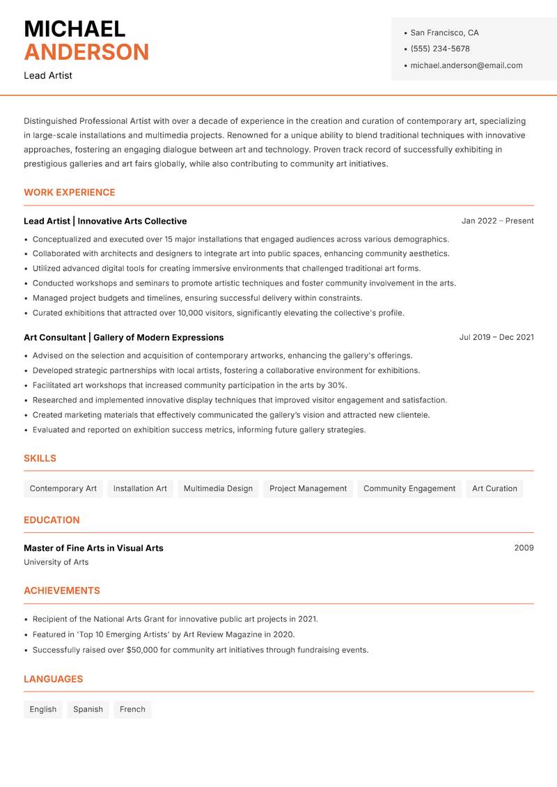 Professional Artist Resume Template