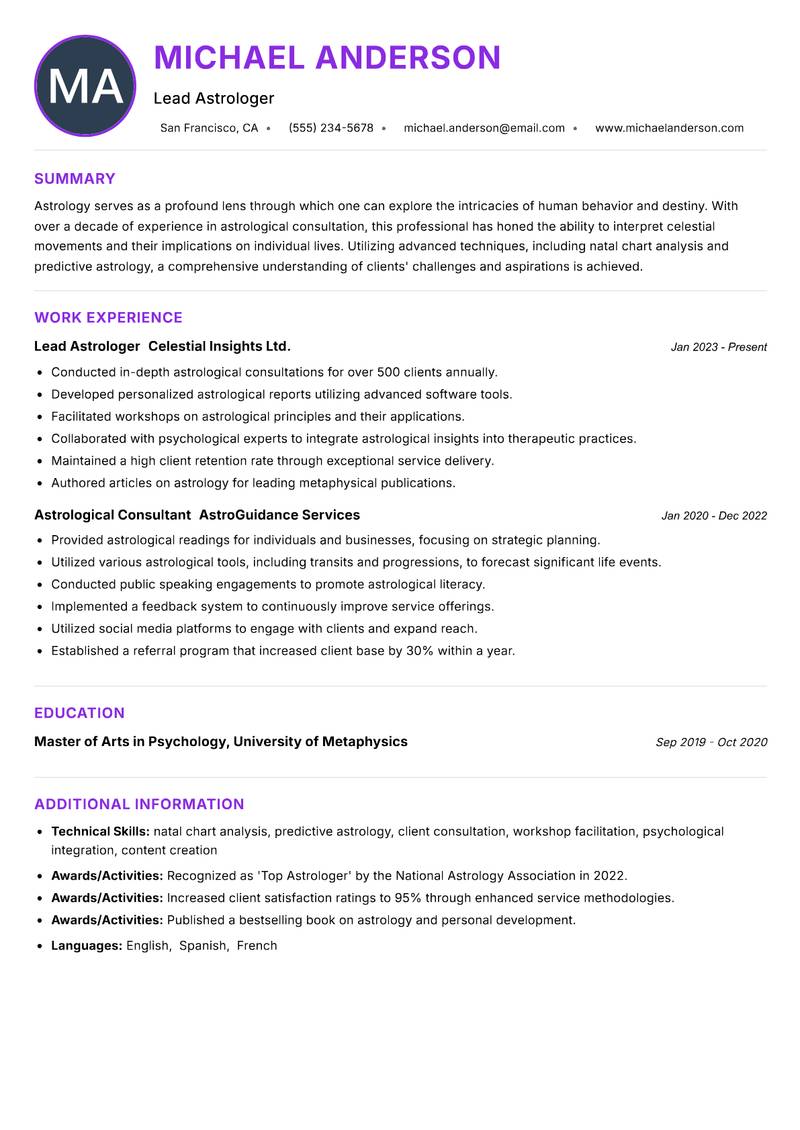 Professional Astrologer Resume Preview Example