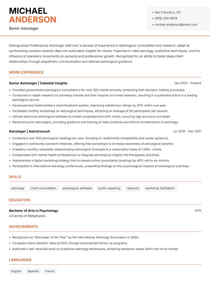 Professional Astrologer Resume Template