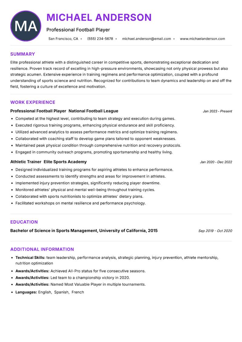Professional Athlete Resume Preview Example