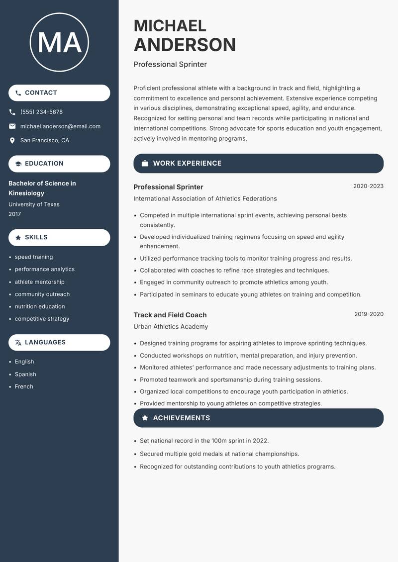 Professional Athlete Resume Preview Example