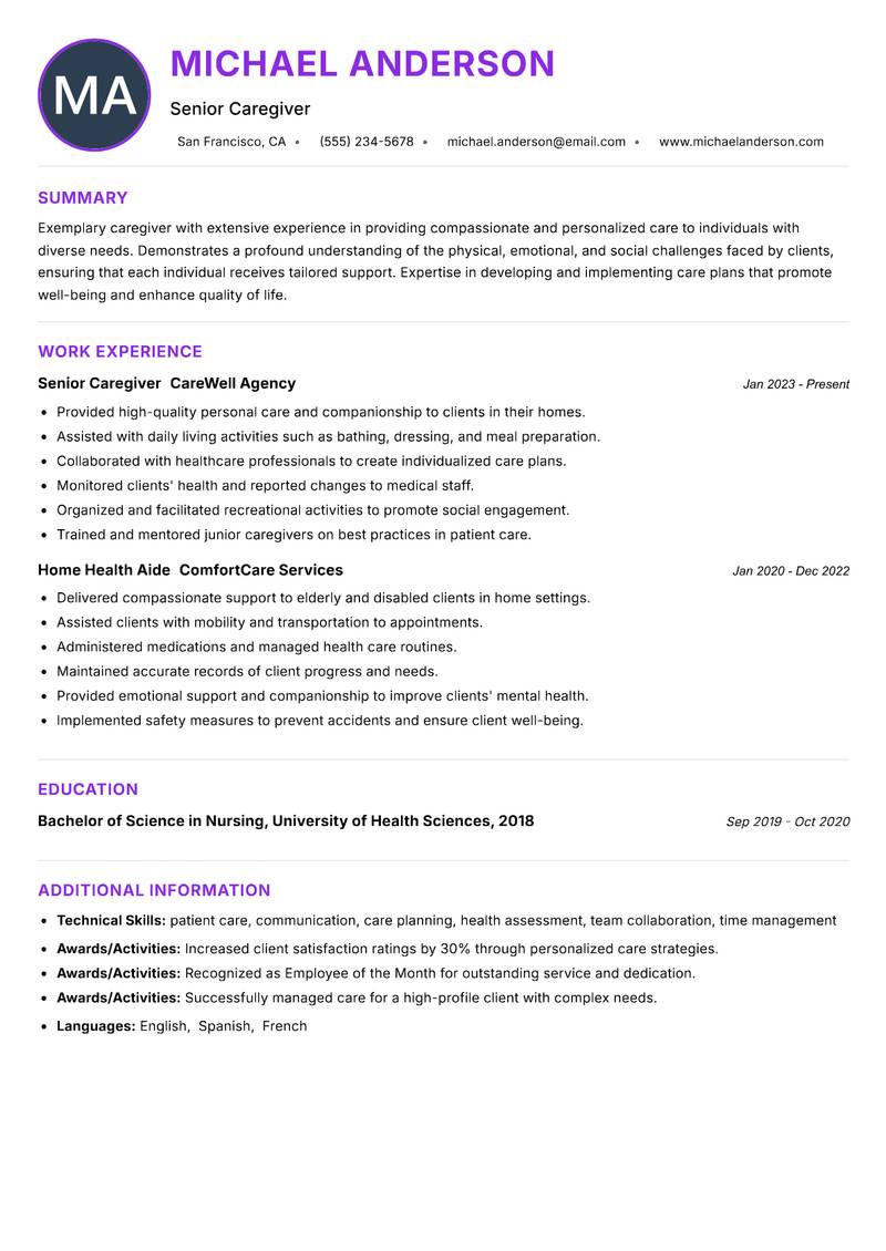 Professional Caregiver Resume Preview Example